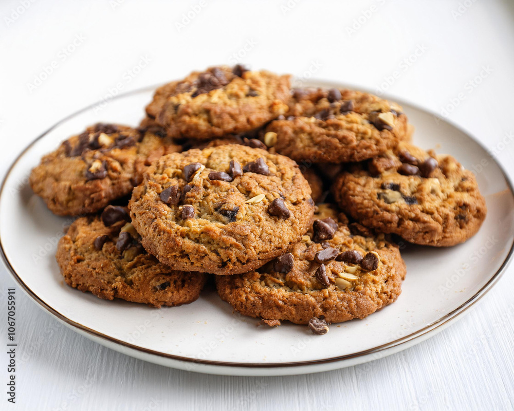 Freshly baked vegan oatmeal cookies with nuts and raisins, arranged in a pile against a white background, ai. Freshly baked vegan oatmeal cookies with nuts and raisins, arranged in a pile against a white background, ai.