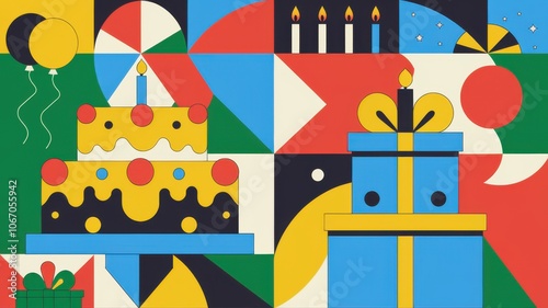 A geometric birthday pattern with triangles, circles, and squares arranged to form birthday cake and gift shapes