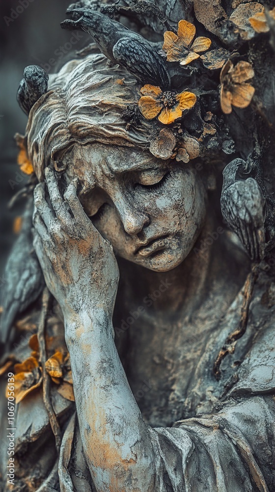 Weathered Stone Statue of a Woman in Sorrow, Surrounded by Flowers and Birds Weathered Stone Statue of a Woman in Sorrow, Surrounded by Flowers and Birds