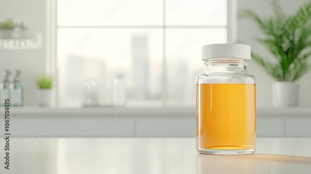Liquid medicine bottle in clear glass with a vibrant orange syrup inside close-up shot showing detailed label for dosage and expiration subtle backlighting to highlight the liquid color, Liquid medicine bottle in clear glass with a vibrant orange syrup inside close-up shot showing detailed label for dosage and expiration subtle backlighting to highlight the liquid color,