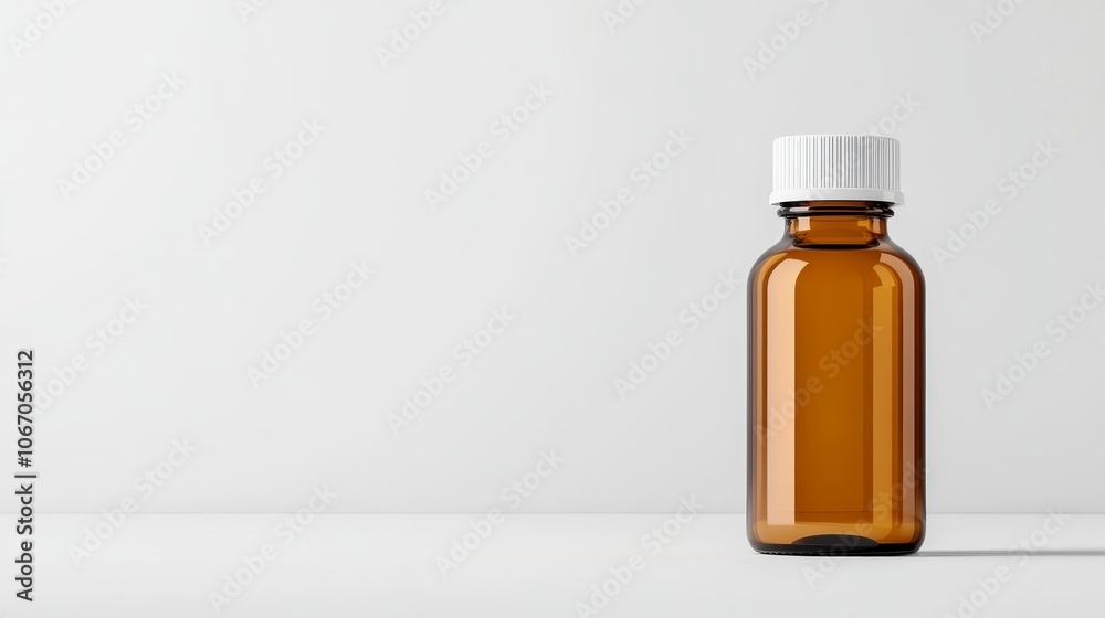Close-up of an amber glass medicine bottle with a white safety cap on a smooth white background, soft natural light highlights the amber color and glass texture, no text on the bottle, Photorealistic Close-up of an amber glass medicine bottle with a white safety cap on a smooth white background, soft natural light highlights the amber color and glass texture, no text on the bottle, Photorealistic