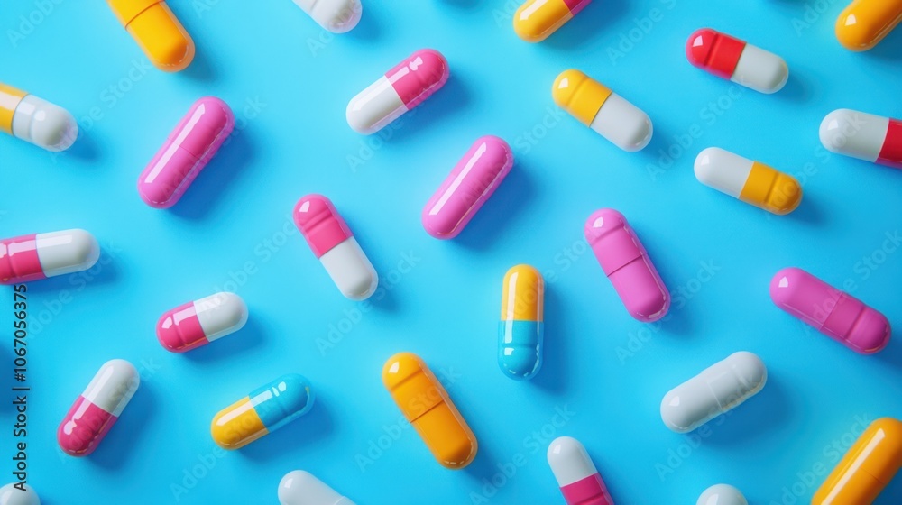 Colorful capsules on bright blue background representing modern healthcare and medicine Colorful capsules on bright blue background representing modern healthcare and medicine