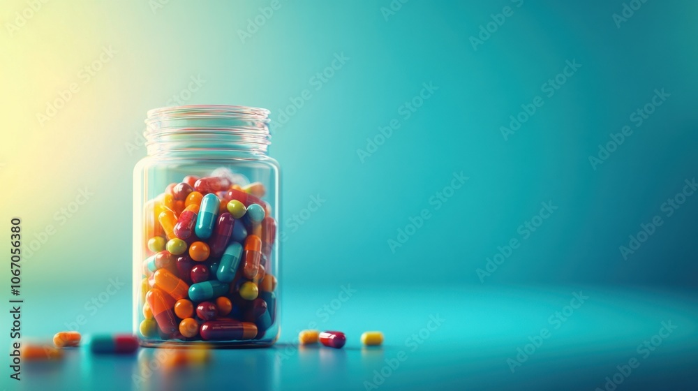 Colorful capsules in a clear jar on a vibrant background Colorful capsules in a clear jar on a vibrant background