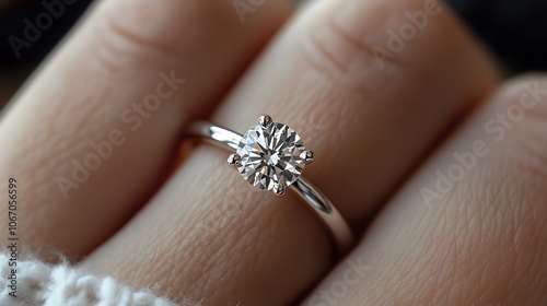 Classic solitaire diamond engagement ring on a finger, featuring a white gold band and round brilliant cut diamond, set against a soft knit sweater with a delicate sparkle effect.