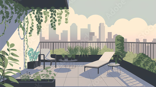 Flat Art Style Illustration of a Modern Rooftop Garden with Minimalist Furniture and City Skyline