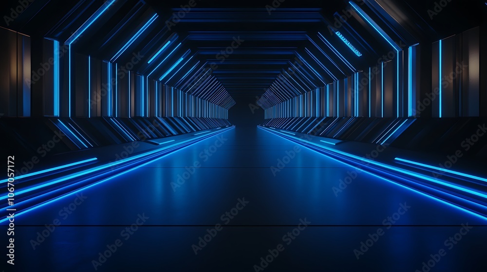 Naklejka premium A futuristic hallway illuminated by blue lights, featuring a sleek, dark environment that emphasizes depth and perspective.