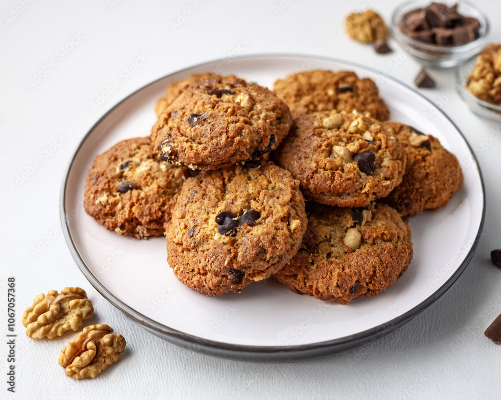 A pile of vegan oatmeal cookies with chocolate chips and walnuts, featuring a clean white backdrop, ai.
