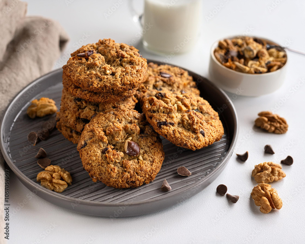 A stack of freshly baked vegan oatmeal cookies with nuts and raisins on a white background, ai. A stack of freshly baked vegan oatmeal cookies with nuts and raisins on a white background, ai.