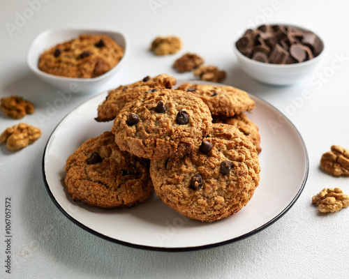 A stack of freshly baked vegan oatmeal cookies with nuts and raisins on a white background, ai.