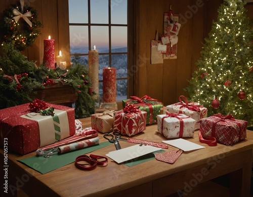 A cozy indoor holiday scene with beautifully wrapped gifts on a rustic table, adorned with festive decorations. photo