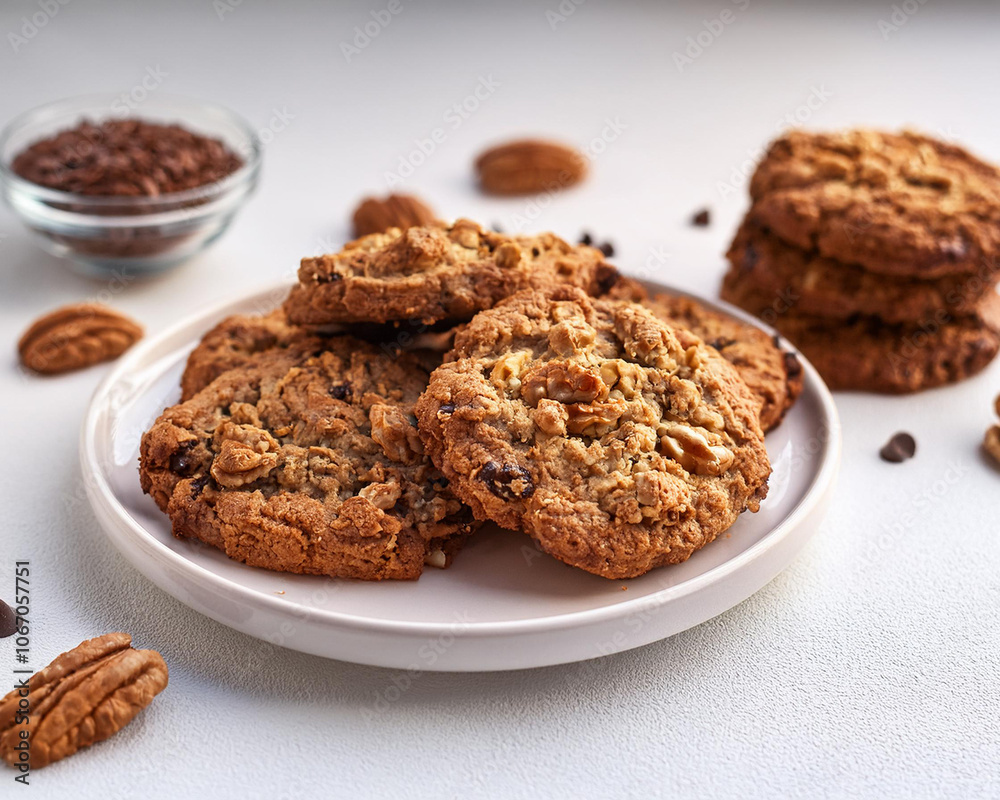 A stack of freshly baked vegan oatmeal cookies with nuts and raisins on a white background, ai. A stack of freshly baked vegan oatmeal cookies with nuts and raisins on a white background, ai.