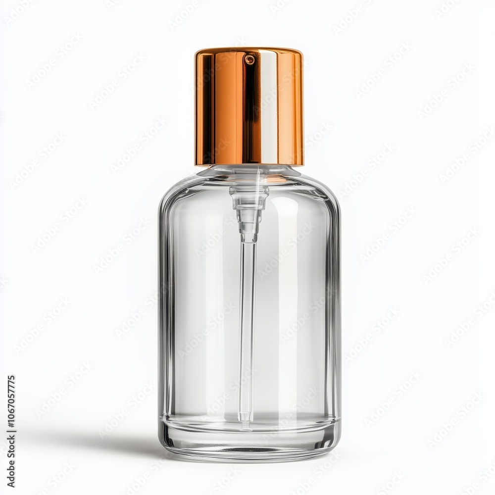 Elegant clear glass spray bottle with a metallic cap isolated on a pristine white background Elegant clear glass spray bottle with a metallic cap isolated on a pristine white background