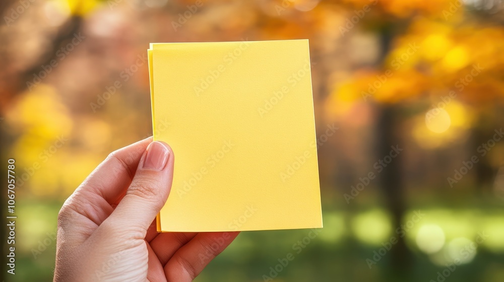 Blank Sticky Note in Hand with Daylight Background Blank Sticky Note in Hand with Daylight Background