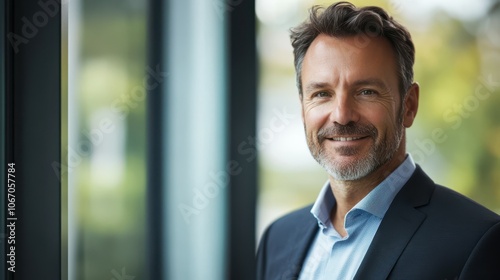 Head And Shoulders Portrait Of Smiling Mature Businessman Standing By Window In Office