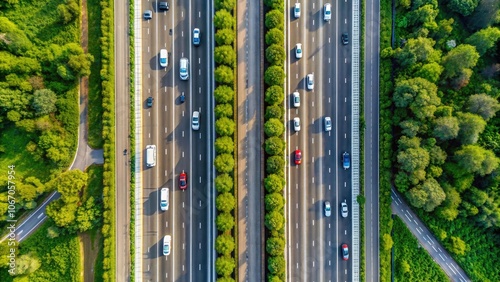 Aerial view of a busy highway lined with green trees, showcasing cars and trucks in motion, representing modern transport and infrastructure.