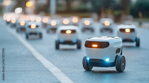 Fototapeta Naklejka Na Ścianę i Meble -  Outbound logistics concept. A row of small delivery robots travel along a city street, illuminated by their headlights, showcasing innovative urban logistics technology.