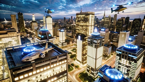 Aerial view of a modern city skyline at dusk, featuring illuminated skyscrapers and helicopters in flight over the urban landscape. photo