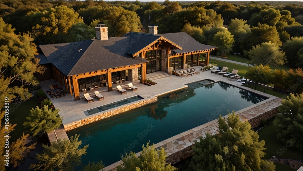 Luxury Home with Swimming Pool and Patio Aerial View Luxury Home with Swimming Pool and Patio Aerial View