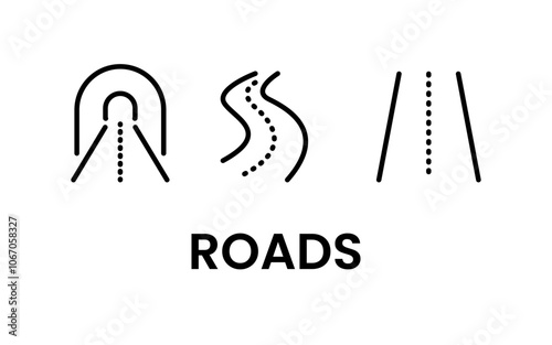 Road icon set.Road sections of different shapes. Line with editable stroke