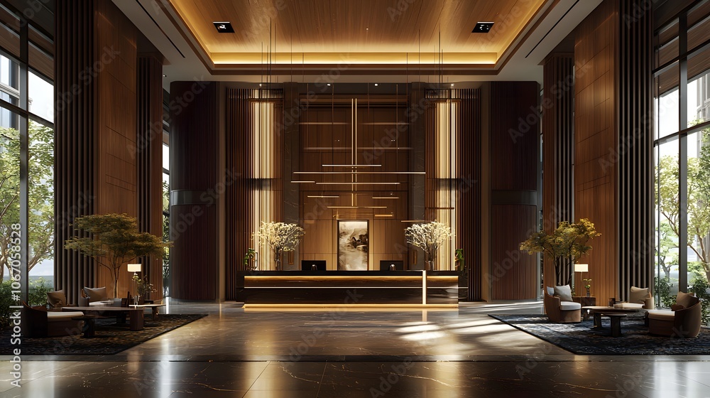 A Super Realistic 3D Hotel Lobby with Rich Wood Finishes and Elegant Lighting Fixtures A Super Realistic 3D Hotel Lobby with Rich Wood Finishes and Elegant Lighting Fixtures