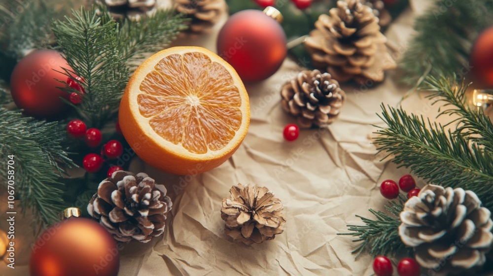 Close-up of orange with pine cones, earthy tones, autumn theme. Close-up of orange with pine cones, earthy tones, autumn theme.