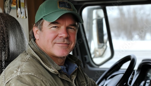 Portrait of a smiling, middle-aged truck driver in a cap, sitting in the cab of his truck.