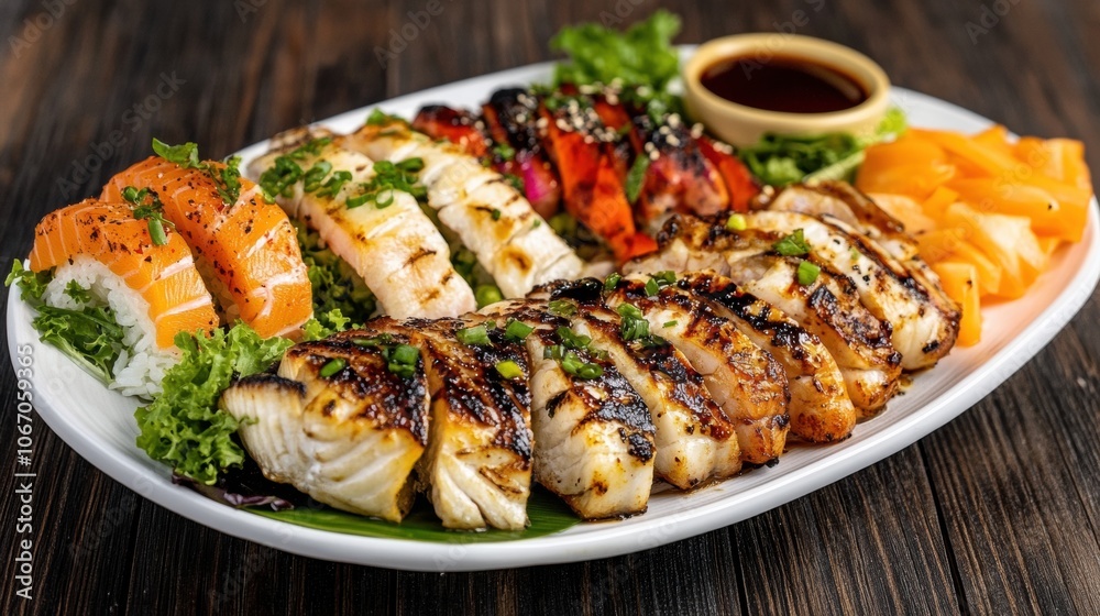 Assorted grilled fish and sushi platter with vibrant vegetables and dipping sauce, AI Assorted grilled fish and sushi platter with vibrant vegetables and dipping sauce, AI