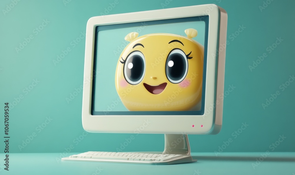 3D cartoon computer monitor with a cute, smiling face on the screen, tech and friendly 3D cartoon computer monitor with a cute, smiling face on the screen, tech and friendly