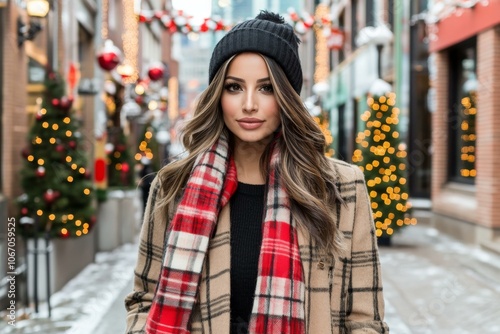 Wallpaper Mural Woman wearing stylish plaid scarf with cozy autumn vibes. Torontodigital.ca
