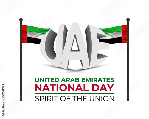 National Day of United Arab Emirates of 53 with  ribbon flag. Waving ribbon in the sky in front of tall buildings Abu Dhabi city. Spirit of the union vector Illustration. eps 10.