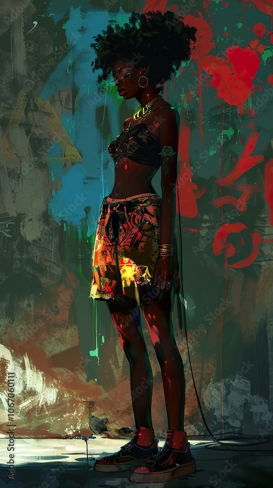 Fototapeta premium Colorful Portrait of a Woman with Afro Hair in Urban Setting