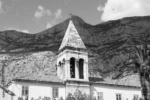 Makarska, Croatia. Black and white retro style photo. Landmark of Europe.