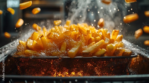 French fries golden brown in a deep fryer basket, captured in close-up with bubbling hot oil and crispy texture, highlighting the cooking process in a commercial kitchen setting.
