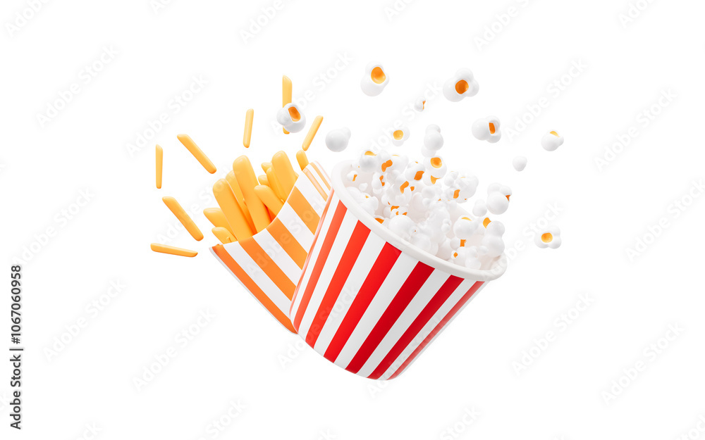 Cartoon popcorn and french fries on the white background, 3d rendering. Cartoon popcorn and french fries on the white background, 3d rendering.