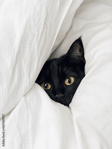 An adorable black cat peeks out from underthe covers, eyes lively and adorable, full ofcuriosity and excitement, generative ai photo