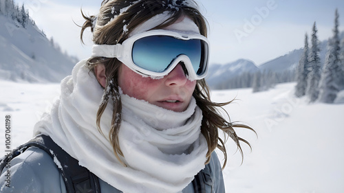 Close-up of woman wrapped in scarf and goggles walks through deep snow blizzard with frostbite on exposed skin photo