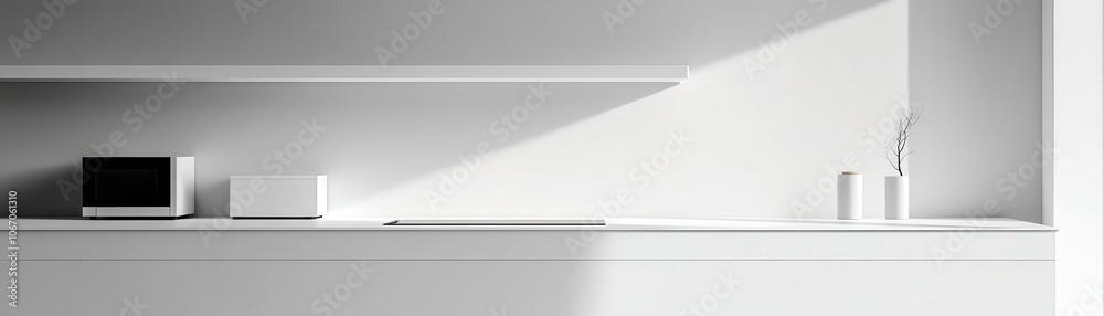 Minimalist kitchen with a single appliance on a pristine counter, white walls, and empty shelves, perfect for product highlighting Minimalist kitchen with a single appliance on a pristine counter, white walls, and empty shelves, perfect for product highlighting