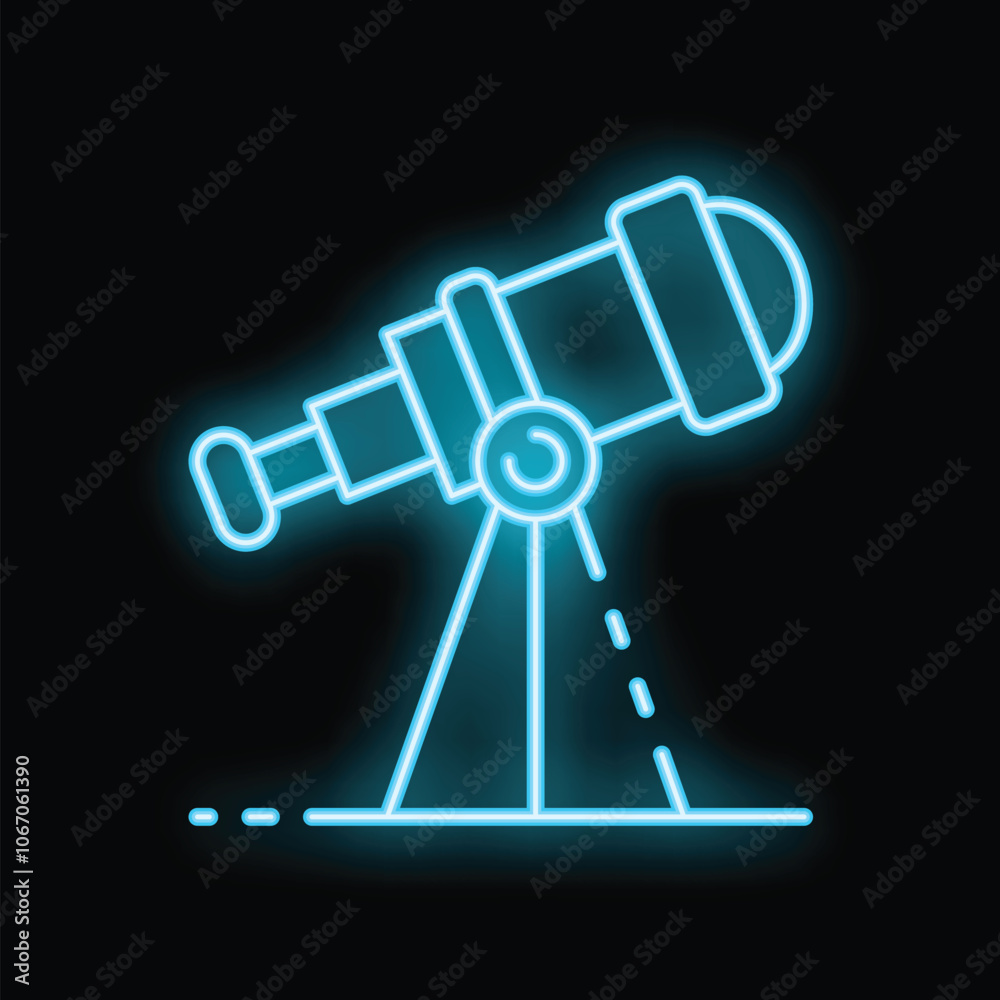 Bright blue neon icon of a telescope on a tripod, perfect for projects related to astronomy, science, and the cosmos Bright blue neon icon of a telescope on a tripod, perfect for projects related to astronomy, science, and the cosmos