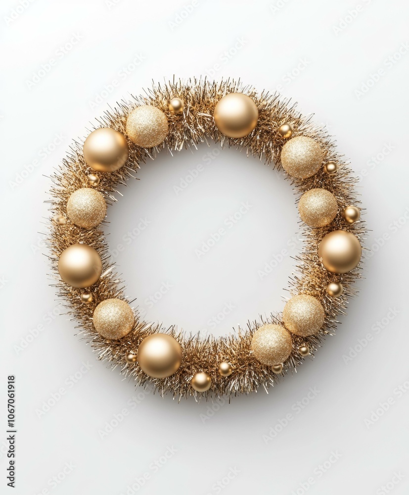 Gold Christmas wreath adorned with ornaments, tinsel, festive decor. Gold Christmas wreath adorned with ornaments, tinsel, festive decor.