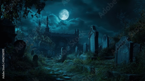 Moonlit Graveyard with Overgrown Cemetery and Gothic Tombstones, Eerie Nighttime Atmosphere, Otherworldly Shadows, Mysterious and Haunting Setting, Perfect for Halloween and Paranormal