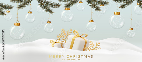 Christmas and New Year greeting card with christmas gifts.