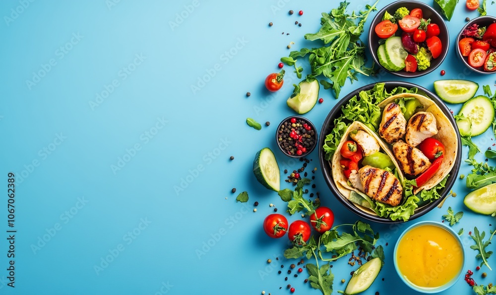 Healthy lunch with tortilla wraps grilled chicken and fresh veggies on blue background Top view space to copy Healthy lunch with tortilla wraps grilled chicken and fresh veggies on blue background Top view space to copy