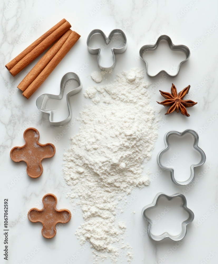Delicious cookies with cinnamon sticks, sugar on white countertop. Delicious cookies with cinnamon sticks, sugar on white countertop.