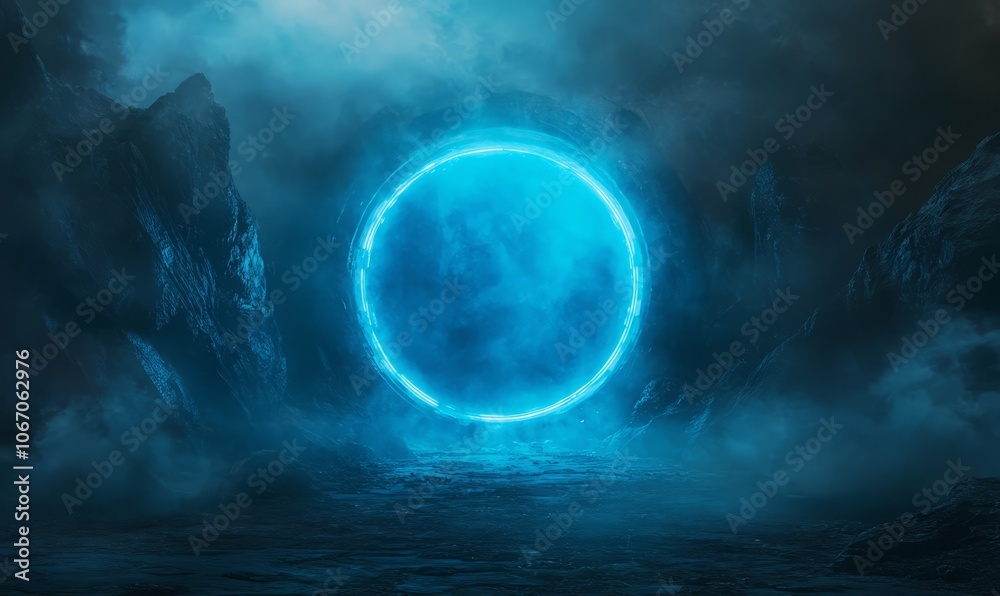 Futuristic blue portal glowing in darkness, surrounded by mist and light, representing mystique and adventure Futuristic blue portal glowing in darkness, surrounded by mist and light, representing mystique and adventure