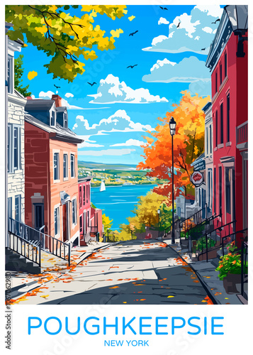 Poughkeepsie New York Poster Illustration Travel Print Decor Gift Paper Canvas Wall Retro Art #1067062980