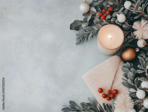 Stunning Christmas Flatlay Photography: Elegant Holiday Decoration with Candle on the Left and Blank Space for Text - Perfect for Seasonal Marketing and Festive Promotions photo