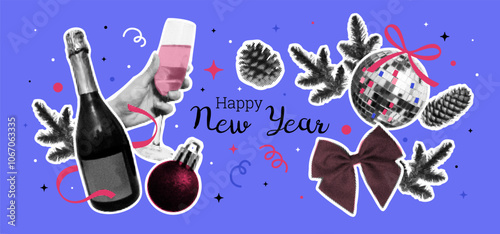 Merry Christmas, Happy New Year set. Halftone effect. Trendy collage. 90s Dots. Vintage style. Champagne, hand with glass, spruce cone, disco ball, bow. Poster, greeting card. Vector illustration.