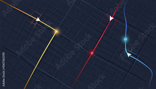 Abstract GPS navigation, delivery location and map pointer. City map featuring directional signs, an intended goal point and multiple markers. Vector illustration with route, alternative paths.