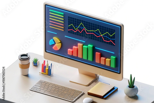 A data analyst's desk in a modern office, with a large ultra-wide monitor displaying a vibrant, interactive data dashboard with line graphs, pie charts, and a map with color-coded data points