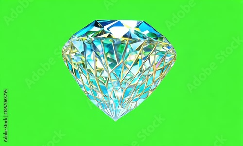 Brilliant blue diamond on green background, showcasing intricate facets and a radiant glow